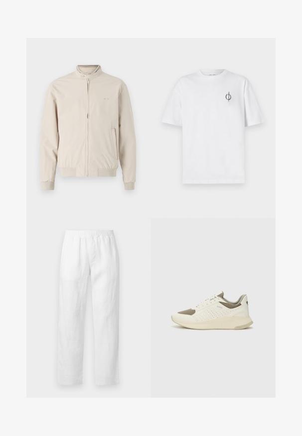 Svijetlosmeđi sako s uzdignutim ovratnikom, prednjim zatvaračem i rebrastim manžetama. Sadrži detalj s logom i bočne džepove. Glatka tekstura tkanine.; Bijela pamučna majica s opuštenim krojem, s malim crnim grafičkim logotipom na lijevoj prečki. Kratki rukavi, okrugli izrez.; Bijele lanene hlače s elastičnim pojasom, ravnim krojem i mekanom teksturom bez vidljivih uzoraka ili metalnih detalja.; Bijele i svijetlosmeđe sportske tenisice, sa mrežastim gornjim dijelom, perforiranim detaljima i teksturiranim međutrakom sa brendom na peti.
