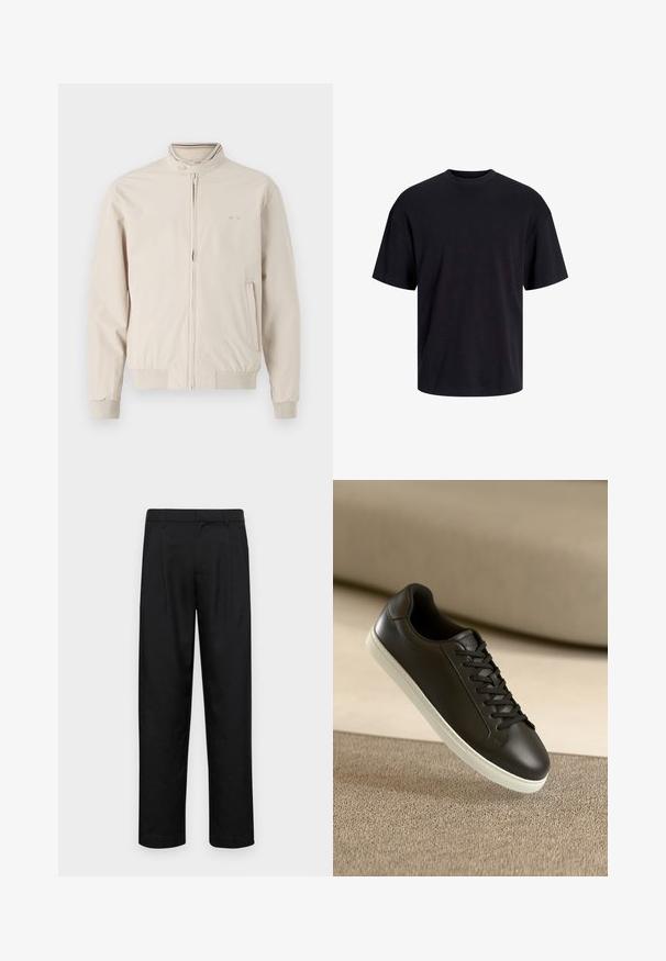 Light beige jacket with a stand collar, zip front, and ribbed cuffs. Features a logo detail and side pockets. Smooth fabric texture.; Black cotton t-shirt with a crew neckline, short sleeves, and a relaxed fit. Smooth texture and no visible patterns or accents.; Black trousers made of smooth fabric, featuring a straight-leg design, two front pleats, and standard waistband with belt loops.; Black leather sneaker with white rubber sole and black laces, positioned against a beige fabric surface and background.