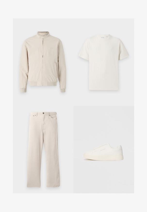 Svijetlosmeđi sako s uzdignutim ovratnikom, prednjim zatvaračem i rebrastim manžetama. Sadrži detalj s logom i bočne džepove. Glatka tekstura tkanine.; Bijela kratka majica s kratkim rukavima u rebrastoj teksturi. Okrugli izrez, ležeran kroj, bez vidljivih uzoraka ili akcenta. Jednostavan i svestran dizajn.; Bež kordura hlače s ravnim krojem, s rebrastom teksturom, dizajnom s pet džepova i zatvaranjem na gumbi.; Bijele slip-on tenisice s teksturiranom površinom, debelim đonom i minimalističkim dizajnom. Sadrže logo branda sa strane.
