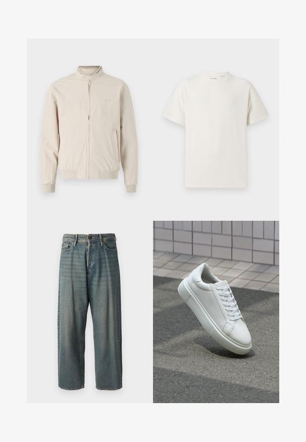 Light beige jacket with a stand collar, zip front, and ribbed cuffs. Features a logo detail and side pockets. Smooth fabric texture.; White short-sleeve T-shirt in a ribbed texture. Round neckline, relaxed fit, no visible patterns or accents. Simple and versatile design.; Light blue denim jeans with a loose fit, mid-rise waist, and straight legs. Features five pockets, belt loops, and a button closure.; White leather sneaker with a smooth surface, round toe, and flat white laces. Features a textured rubber sole and minimal design elements.