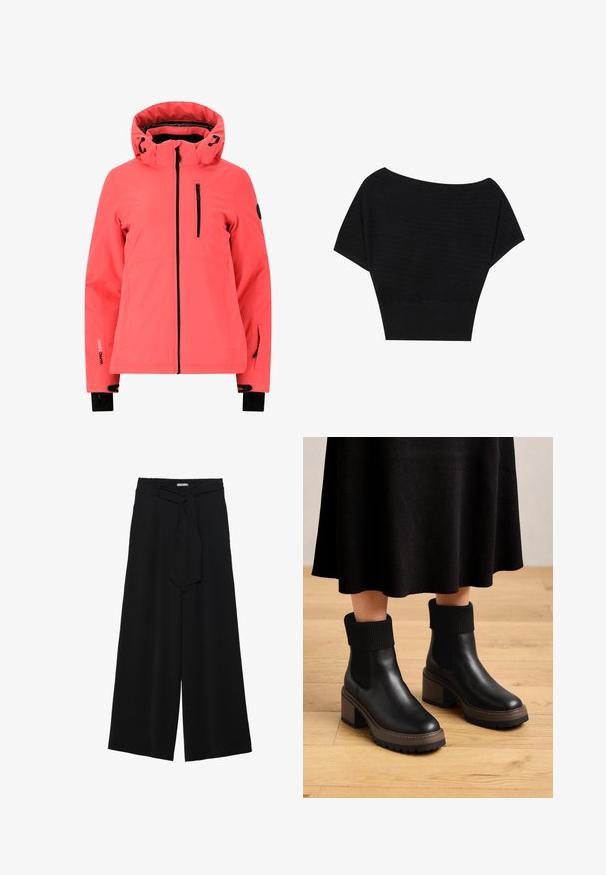 Kirkas koralli takki, jossa on korkea kaulus ja säädettävä huppu. Varustettu vetoketjullisella rintataskulla ja vedenpitävällä materiaalilla mustilla yksityiskohdilla.; Anna Field Printtipaita - black; Mustat leveät housut, joissa on teksturoitu kangas, joustava vyötärö ja irrotettava nauha vyötäröllä säädettävää istuvuutta varten.; Mustat nahka nilkkurit, joissa on ribbed-kankaiset varret, tukevat ruskeat korot ja teksturoitu pohja. Sileä pinta elastisilla sivupaneeleilla.