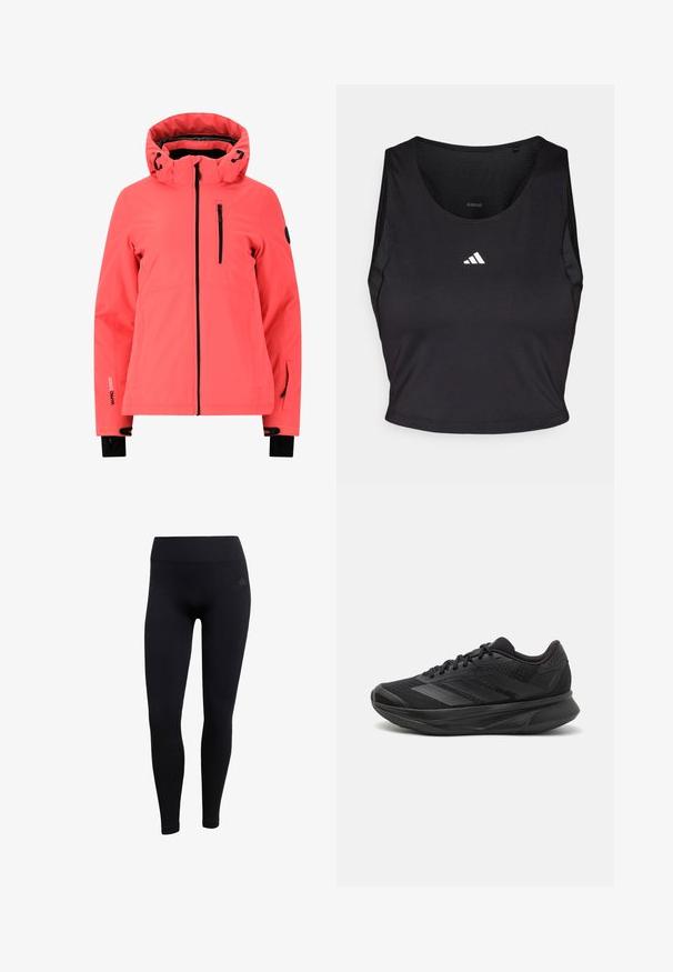 Helle Korallenjacke mit hohem Kragen und verstellbarer Kapuze. Verfügt über eine mit Reißverschluss ausgestattete Brusttasche und wasserdichtes Material mit schwarzen Akzenten.; Schwarzes Sport-Crop-Top aus feuchtigkeitsableitendem Material, mit rundem Halsausschnitt, ärmellosem Design und weißem Logo auf der Brust.; Schwarze sportliche Leggings aus dehnbarem Stoff, mit hohem Bund, enganliegendem Schnitt und gerippten Knöchelbündchen. Subtiles Markenlogo.; Schwarzer Laufschuh mit einem atmungsaktiven Mesh-Obermaterial, runder Zehenpartie, schlankem Design, strukturierten Akzenten und einer gepolsterten Sohle für Komfort.