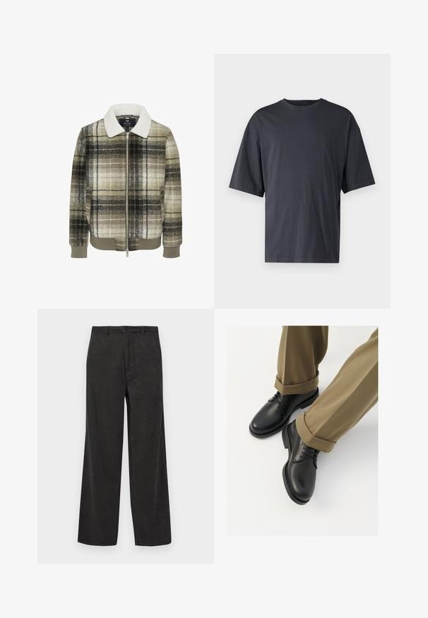 Kontrolliga bomber-jakk, mis on valmistatud pehmest kangast, millel on valge karvane krae, lukuga sulgemine ja soonikkoes varrukad looduslike toonides roheline, must ja beež.; Tumehall lühikeste varrukatega T-särk, mis on valmistatud kerge puuvilla segust, laia lõikega ja klassikalise ümmarguse kaelusega, täiesti sile ja ilma mustriteta.; Mustard pruunid puuvillased püksid laia sääre kujundusega, millel on vertikaalne ribatekstuur, lukuga ees, nupp kinnitamiseks ja ees taskud.; Mustad mustad naha kingad, millel on sile viimistlus, sidemed ja ümar nina, on kombineeritud üleskeeratud khaki pükstega.