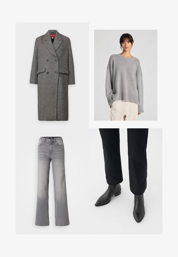 Dvivietis paltas juodai baltu šuniuko dantų raštu, su išpjauta apykakle, dviem priekinėm kišenėm ir juodais mygtukais.; Pilko megztinis su laisva pasiūla, apvaliu iškirpimu, raukšlėtomis rankovėmis ir apačia. Minkšta tekstūra su subtiliu mezgimo raštu. Pora su šviesiais keliais.; Aukštai juosmens tiesios kojos pilkos džinsinės kelnės su priekiu užsegamu mygtuku ir užtrauktuku, priekiniais ir galiniais kišenėmis, bei išblukimu ant šlaunų ir blauzdų.; Juodos odinės kulkšninių botai su smailiu priekiu, blokiniu kulnu ir tekstūruotais šonais, dėvimi su tamsiomis kelnėmis prieš baltą foną.