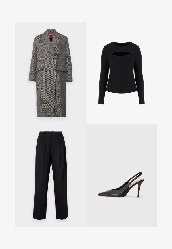 Cappotto doppiopetto in un motivo houndstooth bianco e nero, con colletto a bavero, due tasche frontali e bottoni neri.; Top nero a maniche lunghe con texture a coste e un dettaglio unico con taglio sul petto, dal collo rotondo e silhouette aderente.; Pantaloni neri con design sartoriale, caratterizzati da vita alta, pieghe e gamba dritta. Realizzati in un tessuto liscio di un colore uniforme.; Scarpa con tacco alto a punta in pelle nera, con una texture liscia e un delicato cinturino con una fibbia metallica.