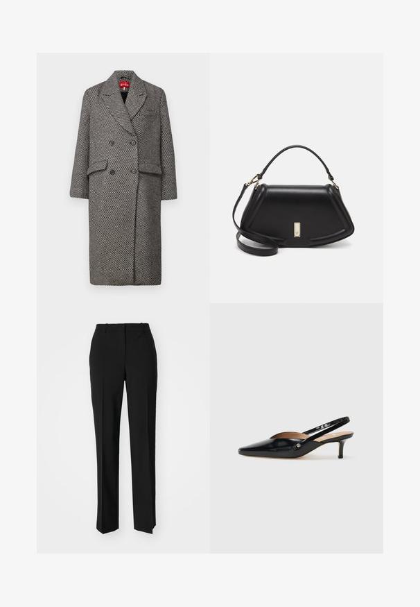 Cappotto doppiopetto in un motivo houndstooth bianco e nero, con colletto a bavero, due tasche frontali e bottoni neri.; Maglietta in cotone nera con scollatura tonda, maniche corte e logo ricamato sul petto. Design semplice e vestibilità rilassata senza motivi.; Pantaloni neri su misura con un design a gamba dritta, caratterizzati da una texture liscia e pieghe ben definite sul davanti. Senza hardware visibile.; Décolleté slingback in vernice nera con punta affilata, tacco basso e design con aperture sul vamp. Accento in hardware color oro sul lato.; Borsa a mano in pelle nera con un design strutturato, caratterizzata da una forma corta, manico superiore e accessori in metallo dorato. Inclusa tracolla regolabile.