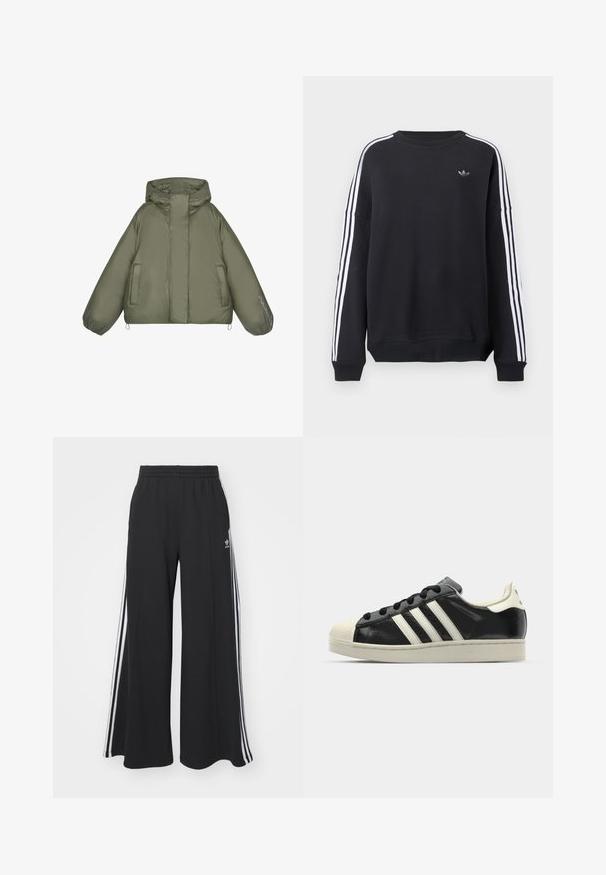 Puffer jacket in olive green, featuring a hood, oversized fit, elastic cuffs, two side pockets, and text detail on the sleeve.; Black sweatshirt with long sleeves, white stripes running down each arm, and a small gray logo on the chest. Cotton material, casual fit.; Black wide-leg sweatpants with an elastic waistband, featuring white side stripes and an embroidered logo on the left thigh.; Black leather sneaker with white stripes, rubber toe cap, black laces, and a cream-colored outsole. Smooth texture with shiny finish.