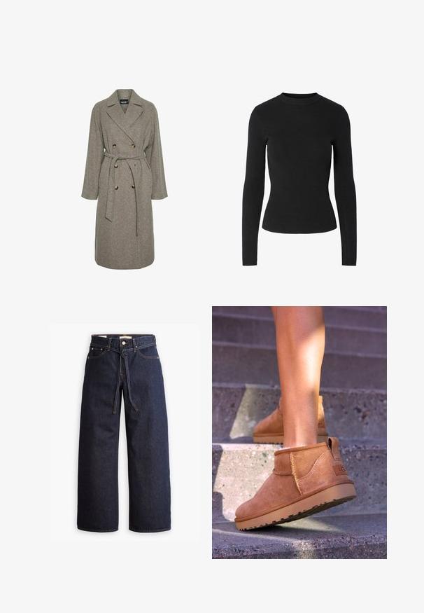 Šedý kabát z vlněné směsi s dvouřadým zapínáním, velkými knoflíky a páskem v pase. Má reverzní límec a dlouhé rukávy.; Černý žebrovaný svetr s dlouhým rukávem, kulatým výstřihem a přiléhavým střihem, s hladkou texturou po celé ploše.; Široké tmavě modré džíny se zvýšeným pasem, opatřené stahovací šňůrou, pěti kapsami a kontrastním prošíváním.; Světlé semišové kotníkové boty s měkkou strukturou, prošívanými detaily a gumovou podrážkou, s okrouhlým podpatkem pro snadné obouvání.