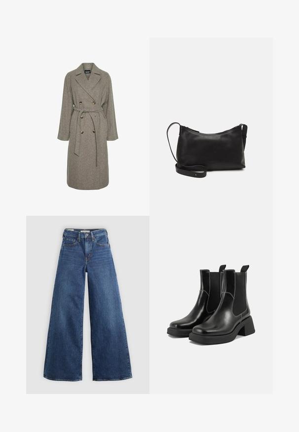 Halli villa segmenteeritud mantel, millel on topelt nööbid, suured nupud ja vöödiga talje. Omab sisenurgaga kraed ja pikki varrukaid.; Valge puuvillane ümarakaelusega T-särk, millel on lühikesed varrukad ja sile tekstuur. Kujundatud mugava ja mitmekesise istuvuse jaoks.; Laiad sinise denimi püksid viie taskuga, nupuga sulgemine ja kontrastõmblusega, omavad pehmet ja tekstuurset viimistlust.; Must musta Chelsea saapad, millel on paks konts, elastsed külgpaneelid ja kontrastne valge õmblus. Tekstuuriga viimistlus.; Mustmust nahk õlakotil on sile tekstuur, kumer kuju, reguleeritav rihm ja lukuga sulgemine. Minimalistlik disain ilma kaunistusteta.