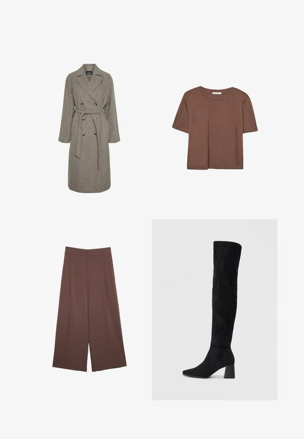 Cappotto in misto lana grigio con design doppiopetto, grandi bottoni e vita con cintura. Presenta colletto a scollatura a V e maniche lunghe.; Maglietta a maniche corte marrone realizzata in tessuto morbido, con scollatura rotonda e vestibilità rilassata. Nessun motivo o dettaglio visibile.; Pantaloni ampi marroni con una texture liscia, caratterizzati da una vita alta e pieghe frontali. Il tessuto è leggero e scorre liberamente.; Stivale in suede nero alto fino al ginocchio con tacco a blocco, punta affusolata e design liscio e senza cuciture su uno sfondo chiaro e semplice.