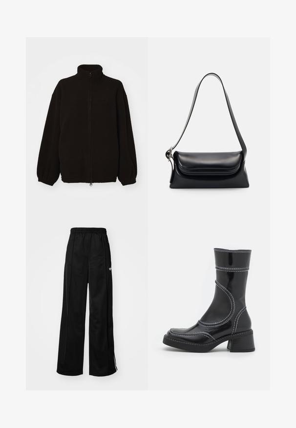 Schwarze Fleecejacke mit hohem Kragen, Reißverschluss vorne, elastischen Bündchen und lockerer Passform. Strukturiertes Material mit glattem Erscheinungsbild.; Langärmliger Rundhalsausschnitt-Pullover in Dunkelgrün, strukturierter Strick, mit gerippten Bündchen, Saum und Kragen, flach auf einem weißen Hintergrund ausgelegt.; Schwarze weiter Schnitt Jogginghose mit elastischem Bund, mit weißen Seitenstreifen und kleinem Logo auf der linken Hüfte. Glatte Stofftextur.; Schwarze Lackleder-Ankle Boots mit weißen Nähten, abgerundeter Zehe und Blockabsatz. Besitzt geschwungene Designlinien und eine glatte Textur.; Schwarze Lederhandtasche mit strukturiertem Design, glatter Textur und einem einzelnen Schulterriemen. Verfügt über ein dezentes, abgerundetes Klappendesign.