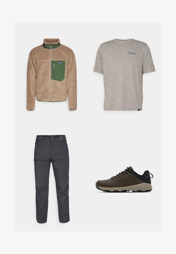 Beige fleecejakke med grønne lynlåslommer, høj krave og frontlynlås. Har struktureret overflade og elastiske manchetter.; Grå kortærmet t-shirt lavet af blødt, struktureret stof med et lille blåt Patagonia-logo på venstre bryst. Ingen yderligere mønstre.; Mørkegrå bukser lavet af holdbart stof, med en lynlåslomme, lige snit og bæltestropper for justerbar pasform.; Brune vandtætte sneakers med en tekstureret overflade, perforerede akcenter, sort hælunderstøttelse og en grå gummisål. Snørebåndene er udsmykket med metalender.