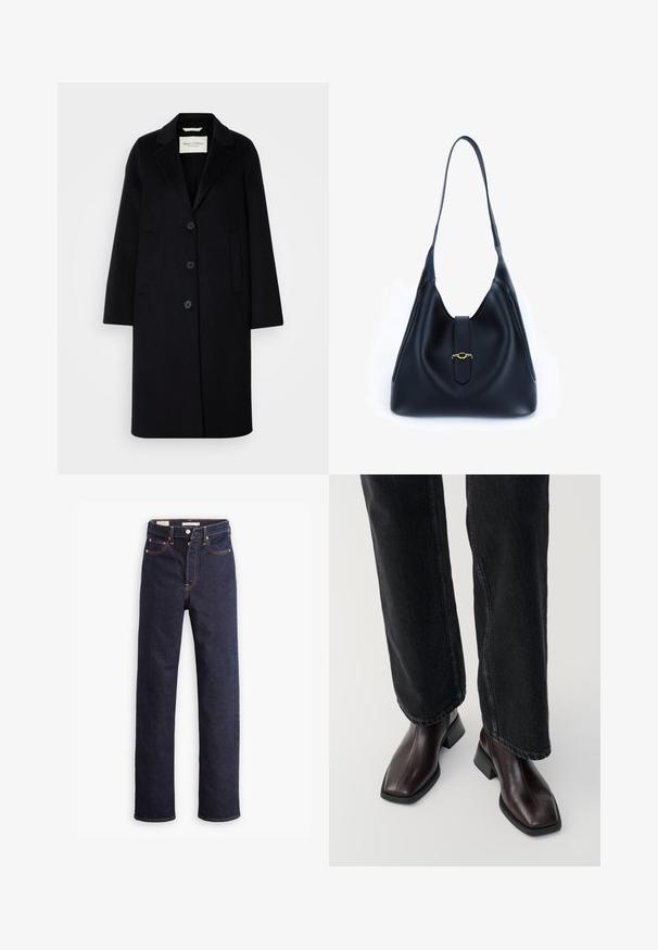Palton lung negru din lână, cu rever în formă de zimți, patru butoane negre, buzunare laterale și o siluetă dreaptă.; Tricou cu guler haină în navy, cu mânecă lungă. Fabricat dintr-un material moale, cu o textură netedă. Prezintă un design ajustat și un guler înalt fără cusături vizibile.; Jeans din denim bleumarin, drepte, cu cinci buzunare și cusături portocalii vizibile pe un fundal alb.; Botine din piele maro, cu bot pătrat și toc bloc, asociate cu blugi negri cu croi larg. Textură netedă și design minimalist.; Geantă din piele neagră cu un design moale și lejer. Dispune de o curea plată și de un închizător central decorat cu un accent auriu.