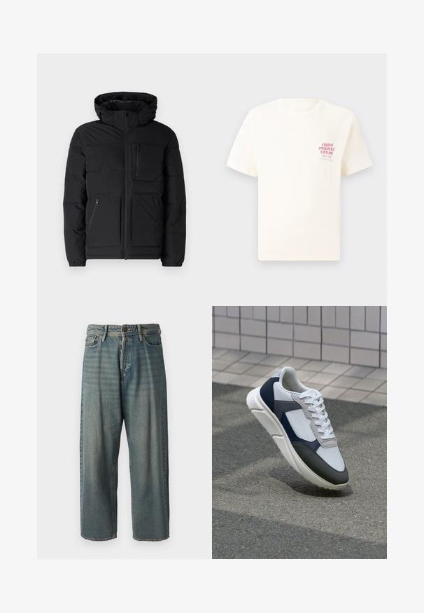 Črna podložena jakna z kapuco, sprednjim zadrgo, dvema stranskima žepoma in prsno torbico z zadrgo. Gladka tekstura in izolirana zasnova.; Bela majica s kratkimi rokavi z rdečim napisom "Studio Originals Edition" na levi strani prsnega koša, prikazana na nevtralnem sivo backgroundu.; Svetlomoderne kavbojke z ohlapnim krojem, srednjim pasom in ravnimi nogami. Imajo pet žepov, zanke za pas in zapiranje na gumb.; Bela, mornarsko modra in siva športna obutev z mešano materialno zasnovo, ki vključuje teksturirano zgornji del, ravne vezalke in oblazinjen podplat.