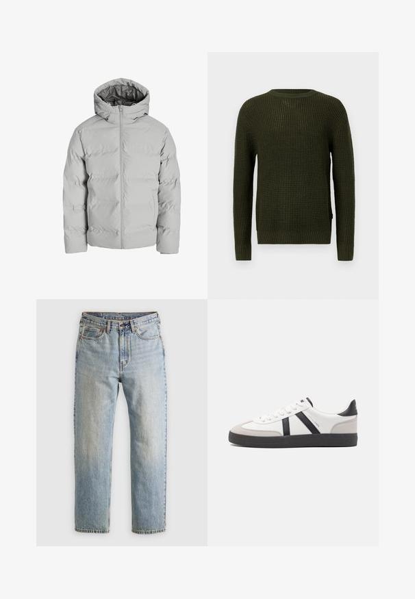 Lysegrå polstret vinterjakke med frontlynlås og fasthæftet hætte, vist forfra mod en hvid baggrund.; Olivengrøn strikket sweater med rund halsudskæring, lange ærmer og ribbede manchetter. Har et struktureret mønster og en afslappet pasform.; Lysblå denim jeans med høj talje, frontknap, lynlås og fem-lomme design, lagt fladt på en neutral baggrund.; Hvide sneakers med sorte og grå detaljer, med en tekstureret grå tåhætte, sort gummisål og flade hvide snørebånd. Rent design, minimalistisk stil.