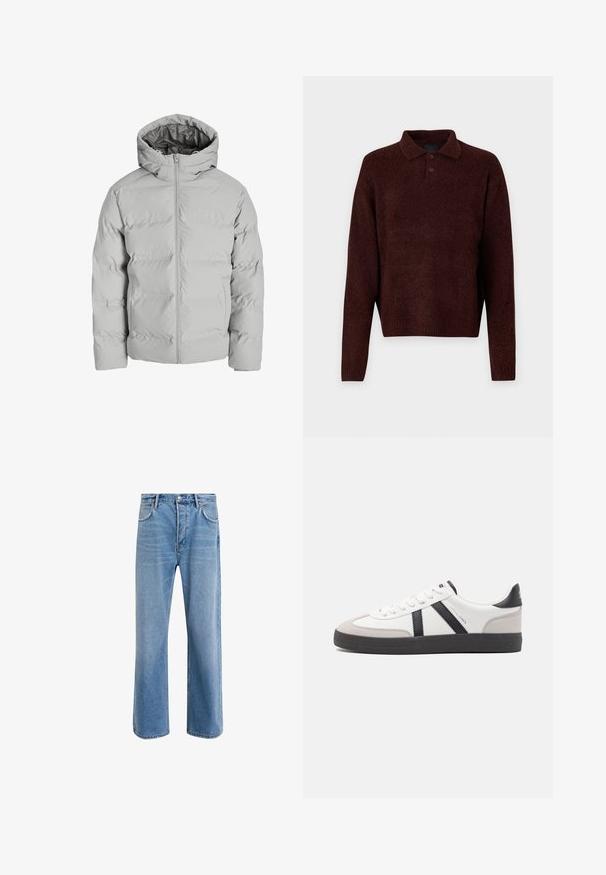 Svijetlosiva zimska jakna s podstavom, prednjim patentnim zatvaračem i pričvršćenim kapuljačom, prikazana sprijeda na bijeloj pozadini.; Smeđi pleteni pulover s polo ovratnikom, tri gumba na vratu i dugim rukavima. Meka tekstura, rebrasti manžeti i rub.; Svijetloplave traperice s ravnim nogavicama, pet džepova, zatvaranjem na gumb, minimalnim izbljeđivanjem i kontrastnim šavovima.; Bijele tenisice s crnim i sivim detaljima, s teksturiranim sivim zaštitnikom prstiju, crnim gumene potplate i ravnim bijelim vezicama. Čist dizajn, minimalistički stil.