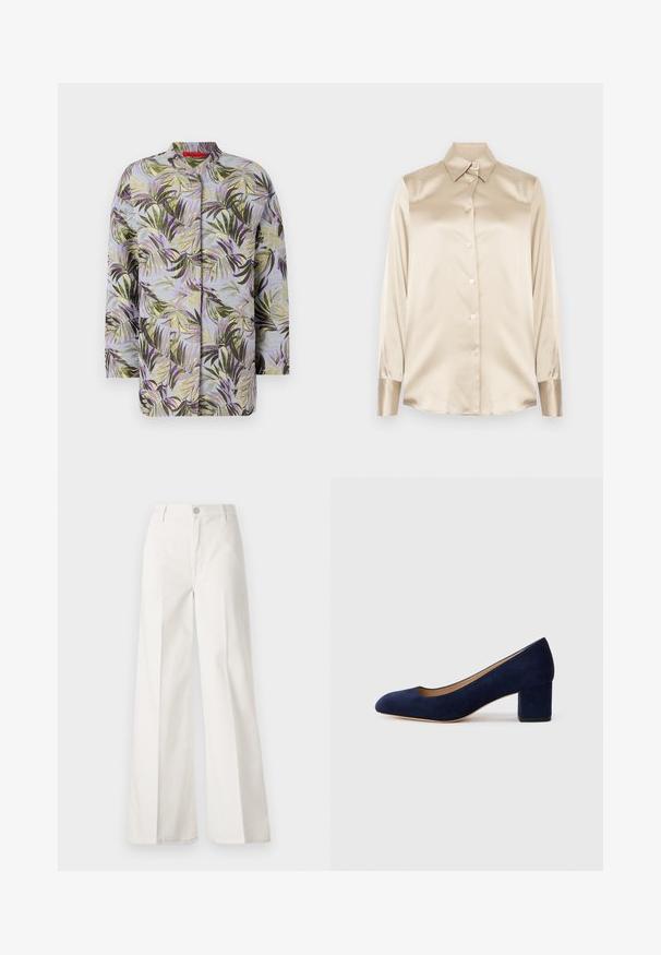 Jakna od šuškavog materijala s botaničkim uzorkom, koja prikazuje zelene i ljubičaste listove na svijetloplavoj podlozi. Okrugli izrez, bez vidljivih zatvarača.; Bež satenasta košulja s oštrim ovratnikom, dugim rukavima, kopčanjem na gumbi i manžetama blago sjajnijeg završetka. Bez uzoraka ili naglasaka.; Bijele široke hlače izrađene od pamuka s glatkom teksturom. Imaju prednji gumb, patentni zatvarač i dizajn s četiri džepa.; Tamno plava suede salonka s šiljastim vrhom i blok petom srednje visine. Glatka tekstura s blagim sjajem i malim izrezom sprijeda.