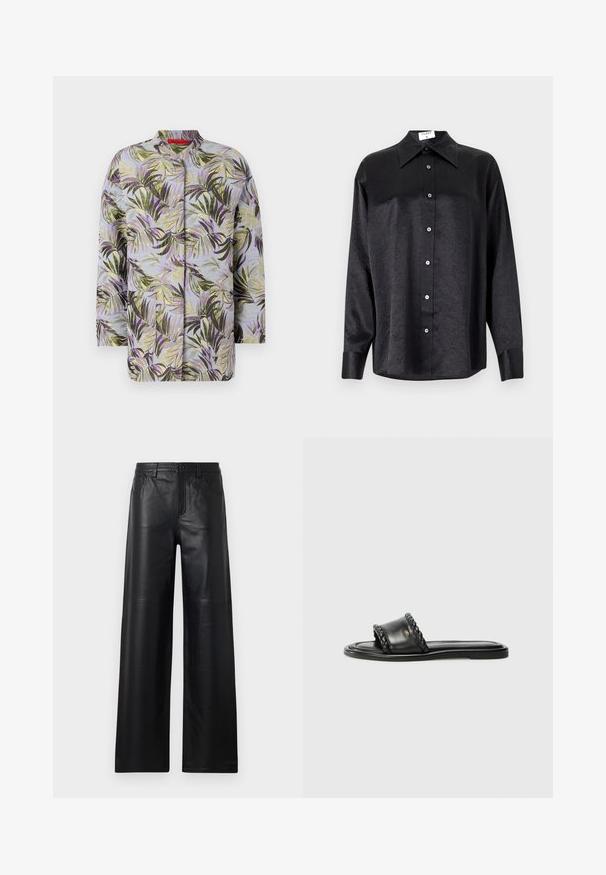 Πουπουλένιο μπουφάν με φυτικό σχέδιο που απεικονίζει πράσινα και μωβ φύλλα σε απαλό μπλε φόντο. Στρογγυλή λαιμόκοψη, χωρίς εμφανείς κλεισίματα.; Μαύρο πουκάμισο μακρύ μανίκι με γιακά, πλούσια υφή, πλήρη κουμπί μπροστά και μανσέτες. Φτιαγμένο από μαλακό ύφασμα.; Πλατειά μαύρα δερμάτινα παντελόνια με λεία υφή, διαθέτοντας μπροστινές τσέπες, κλείσιμο με κουμπί και διακριτές ραφές.; Μαύρη δερμάτινη σαγιονάρα με λεπτομέρεια πλεγμένου λουριού, επίπεδη σόλα και κομψό σχέδιο. Λείο υφή και μινιμαλιστικό προφίλ.