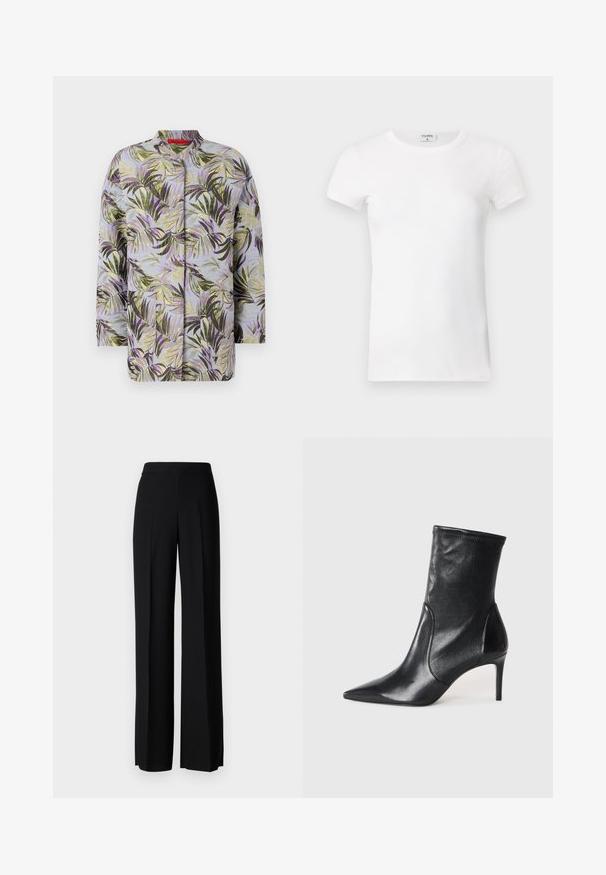 Quilted jacket with a botanical print featuring green and purple leaves on a light blue background. Round neckline, no visible fastenings.; White ribbed short-sleeve T-shirt with a crew neck. The fabric appears smooth with a fitted silhouette. Branding label visible at the collar.; Black wide-leg trousers with a smooth texture, featuring a high waistband and center pleats. No visible patterns or hardware details.; Black ankle boots made of smooth leather, featuring a pointed toe, fitted shaft, and a slim high heel. Minimalist design with no visible hardware.