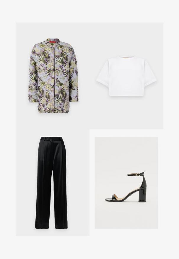 Casaco acolchoado com um padrão botânico apresentando folhas verdes e roxas sobre um fundo azul claro. Decote redondo, sem fechos visíveis.; T-shirt branca corta, feita de tecido macio, apresentando mangas curtas, um decote redondo e detalhes de bainha canelada. Design simples e despretensioso.; Calças pretas de cetim de cintura alta com pernas largas e retas, passantes para cinto e fecho frontal plano sobre um fundo branco liso.; Sandal de pele sintética preta com salto largo, ponta aberta e tira no tornozelo com fivela dourada. Textura suave e design elegante.