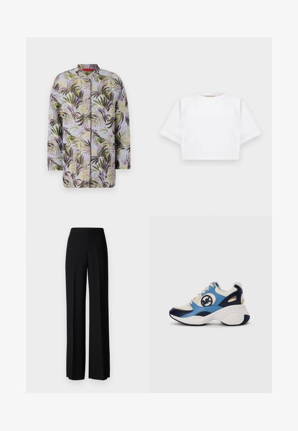 Jakna od šuškavog materijala s botaničkim uzorkom, koja prikazuje zelene i ljubičaste listove na svijetloplavoj podlozi. Okrugli izrez, bez vidljivih zatvarača.; Skraćena bijela majica od mekog materijala, s kratkim rukavima, okruglim izrezom i rebrastim detaljima na rubu. Jednostavan i neukrašen dizajn.; Crne široke hlače s glatkom teksturom, s visokim strukom i središnjim pregibima. Nema vidljivih uzoraka ili hardverskih detalja.; Bijele, mornarskoplave i svijetloplave suede tenisice s debelim potplatom i okruglim vezom na strani.