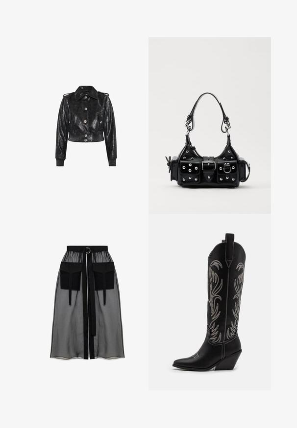 Cropped black jacket in shiny, textured faux leather with silver buttons, a classic collar, and ribbed cuffs for a fitted look.; Black long-sleeve top made of sheer fabric, featuring a round neckline, front button closure, and scalloped edges at the cuffs.; Black sheer skirt with a gathered waistband, featuring two large front pockets, a waist tie, and a circular metal accent.; Black leather cowboy boots with pointed toes, wedge heels, and silver embroidered floral patterns along the shaft. Contrast stitching throughout.; Black leather handbag with a curved design, featuring silver studs, a buckle, and two side pockets. Adjustable strap for carrying options.