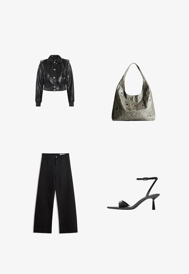 Gekürzte schwarze Jacke aus glänzendem, strukturiertem Kunstleder mit silbernen Knöpfen, einem klassischen Kragen und gerippten Bündchen für einen figurbetonten Look.; Weißes T-Shirt mit kurzen Ärmeln, lockerer Passform und gerafftem Stoff an der Taille. Aus weichem, leichtem Material gefertigt.; Schwarze weit geschnittene Jeans mit hoher Taille, ausgestattet mit Vorder- und Hintertaschen, gesteppten Nähten und einem Knopfverschluss. Glatte Textur.; Bershka High Heel Sandalette - black; Olivgrünes Lederhandtäschchen mit einem lässigen Design, das verschiedene runde Ausschnitte in unterschiedlichen Größen und Akzente in dunkleren und helleren Farbtönen aufweist.