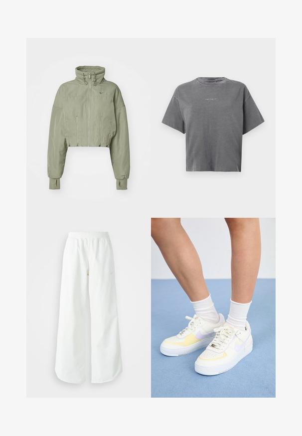 Jaqueta corta de cor verde-oliva com gola alta, fecho de correr e dois bolsos frontais com fecho de correr. Feita de tecido leve com um corte descontraído.; T-shirt curta cinza de manga curta com gola redonda e pequeno logótipo branco "carhartt" centrado na parte da frente.; Calças atléticas largas brancas com uma cintura canelada e um discreto detalhe de logótipo. Tecido suave com um corte relaxado e terminações ajustadas.; Sneakers de couro branco com detalhes em amarelo e lavanda, bico arredondado, cadarços planos e sola de borracha texturizada. Usados com meias brancas.