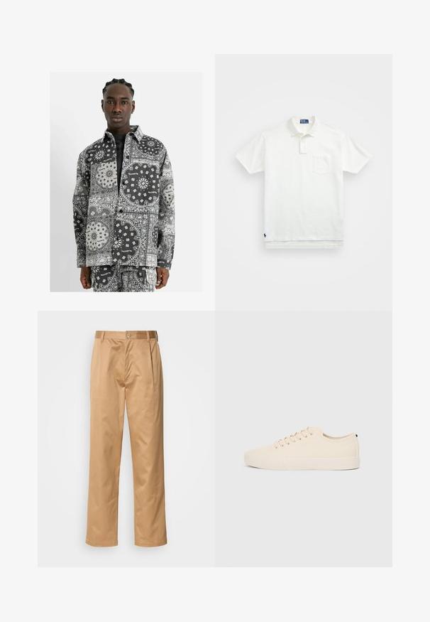 Sixth June BANDANA PATCHWORK JACKET - Cappotto corto - black; Polo bianco in cotone, con colletto classico, placca con tre bottoni e taschino sul lato sinistro del petto; piccolo logo sull'orlo.; Pantaloni kaki, in misto cotone, design a gamba dritta, con pieghe frontali, passanti per cintura e chiusura a bottone. Tessuto liscio senza fantasie.; Sneaker in tela beige con punta rotonda, suola in gomma piatta e lacci sulla parte anteriore. Presenta un design minimalista e un accento nero a contrasto sul tallone.