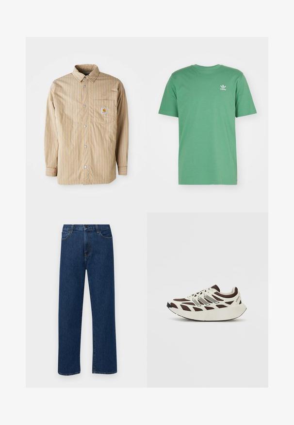 Gestreepte shirt in beige met blauwe lijnen, knoopsluiting aan de voorkant, klassieke kraag, enkele borstzak met logo, lange mouwen en een gladde textuur.; adidas Originals TREFOIL ESSENTIALS - T-shirt print - preloved green; Donkerblauwe rechte denim jeans met frontzakken en een knoopsluiting, weergegeven op een effen witte achtergrond.; Bruine en crème sneaker met een mesh bovenwerk, textuur overlays en een ronde, dikke witte zool. Bevat een low-profile tong en veters.