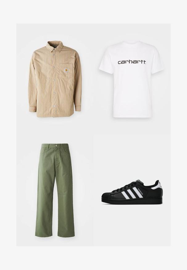 Beige triibuline särk siniste joontega, nööpidega ees, klassikaline krae, ühe rinnaõmbluse tasku logoga, pikad varrukad ja sile tekstuur.; Valge puuvillane t-särk lühikeste varrukatega ja ümar kaelus. Esiküljel on suur "carhartt" logo tumedates pruunides toonides.; Oliivrohelised laiad püksid, mis on valmistatud puuvillast. Iloomi kindlas, esikupeitud nöpp ja küljetaskud. Sile tekstuur.; Mustad musta värvi Adidas Superstar toss, millel on valged triibud, koonuseline varvas ja küljes "Superstar" tekst, esitatud külgvaates valgel taustal.
