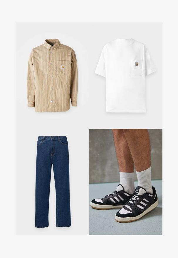 Cămașă țesută în bej cu dungi blue, cu închidere prin nasturi în față, guler clasic, un singur buzunar pe piept cu logo, mâneci lungi și textură netedă.; Tricou alb din bumbac, cu guler rotund, mâneci scurte și un buzunar pe piept cu un patch logo. Design minimalist și textură fără cusături.; Jeans din denim drept, cu culoare albastru închis, cu buzunare frontale și închidere cu nasture, expuși pe un fundal alb simplu.; Adidași negri și albi cu un superior din suede și piele, prevăzuți cu trei dungi albe, un vârf perforat și o talpă din cauciuc caramel.