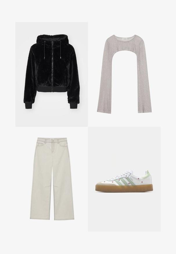 Black hooded jacket made of soft, plush fabric, featuring a front zipper and ribbed cuffs and hem with adjustable drawstrings.; Silver long-sleeve top with a rounded neckline and cut-out below. Made of textured fabric, featuring a fitted design and flared sleeves.; Light gray wide-leg pants with five pockets, front button closure, and contrast stitching along seams. Fabric appears soft and durable.; White sneaker with green accents, three stripes, floral embroidery, and a gum sole. Features a rounded toe and lace-up design.