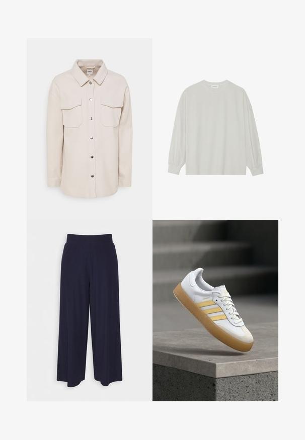 ONLY Tall ONLMACI SHACKET TALL - Casaco de verão - pumice stone; Camisola de manga longa cinza clara, feita de algodão suave. Apresenta um corte solto, decote redondo e punhos ligeiramente franzidos. Sem padrões nem gráficos.; Calças largas em tecido azul-marinho escuro com uma textura ribada. Apresenta uma cintura suave e uma silhueta fluida, atingindo o comprimento até metade da panturrilha.; Tênis de couro branco com detalhes amarelos, três riscas e sola de borracha cor de chá. Apresenta biqueira arredondada e língua texturizada.