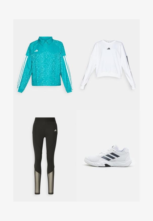 Casaco Adidas teal com padrão floral, design de três riscas brancas nas mangas, fecho de botão de pressão à frente e colarinho, sobre fundo simples.; Sweatshirt branco curto com mangas longas, apresentando um logo preto da Adidas no peito e riscas laterais pretas nas mangas. Textura suave.; Leggings atléticos pretos com uma cintura alta, apresentando detalhes em malha nas pernas inferiores e um logótipo bordado no quadril.; Tênis atlético branco com parte superior em malha, três listras pretas de cada lado, detalhes texturizados e uma sola de borracha resistente com uma seção preta contrastante.