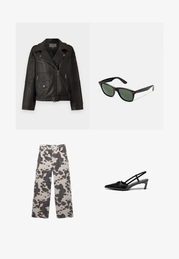 Čierna kožená motorkárska bunda so striebornými zipsami, patentkami a bočnými vreckami; má opasok v páse a široký golier.; Hnedý korzetový top z umelého kože s šnurovaním vpredu, striebornými očkami a nastaviteľnými viazaniami na stranách a výstrihu. Hladká textúra, priliehavý dizajn.; Biele nohavice s širokými nohavicami v béžovej farbe s hnedým vzorom kravskej kože. Majú zapínanie na gombík a dizajn s piatimi vreckami. Vyrobené z denimovej látky.; Čierne lodičky na opätku so slingback popruhmi z lesklej lakovanej kože, špicatou špičkou, úzkymi popruhmi okolo členkov a stredne vysokým hrubým opätkom. Ozdobené malou prackou.; Čierne plastové slnečné okuliare so zelenými šošovkami, štvorcové rámy, strieborný akcent na obočí a textúrované ramenné opierky. Brand uvedený na vnútornej strane ramien.; Čierna textilná taška s unikátnym V-tvarom a hladkou textúrou. Obsahuje krátku rúčku s minimalistickými kovovými detailmi.