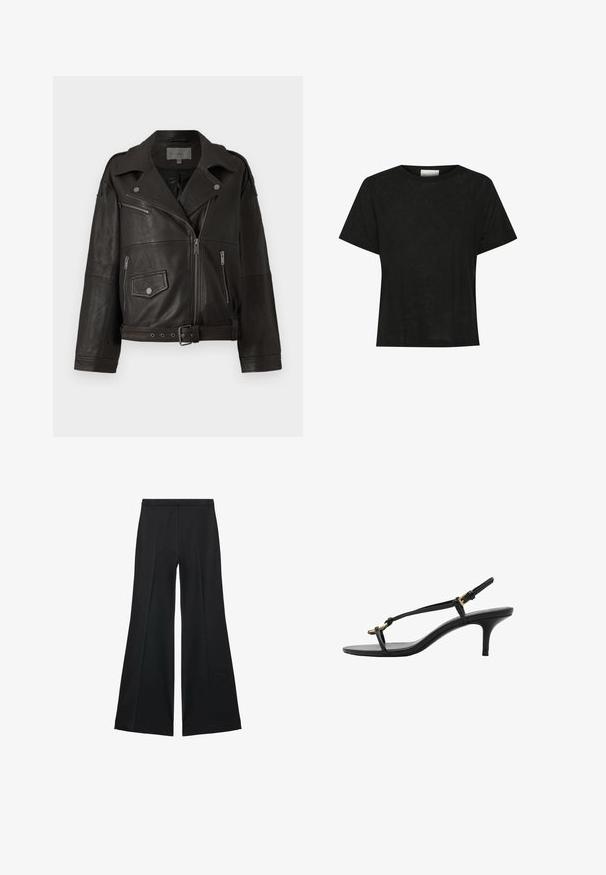 Schwarze Leder-Bikerjacke mit silbernen Reißverschlüssen, Druckknöpfen und Seitentaschen; verfügt über eine taillierte Taille und ein breites Kragen-Design.; Schwarzes T-Shirt mit kurzen Ärmeln aus leichtem Stoff. Crew-Neck-Design mit lässiger Passform und minimaler Textur, ideal für legere Outfits.; Schwarze weit geschnittene Hose mit glatter Textur, ausgestattet mit Frontfalten und einem taillierten Design. Der Stoff ist leicht und fließend.; Schwarze Leder-Kitten-Heel-Sandale mit dünnen Riemen, goldener Schnalle und minimalistischer Zehen-Schlaufe vor einem weißen Hintergrund.