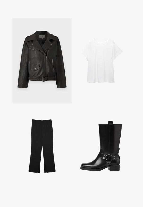 Crna kožna moto jakna s srebrnim patentnim zatvaračima, gumbima na preklop i bočnim džepovima; ima pojas u struku i široki dizajn ovratnika.; Bijela majica od mekane, lagane tkanine. Ima okrugli izrez i kratke, široke rukave s ležernim krojem. Bez vidljivih uzoraka.; Crne hlače ravnog kroja, s prednjim džepovima i bočnim prorezima na rubu. Izrađene od mekog i glatkog materijala. Pogodne za razne prigode.; Crne kožne čizmice do koljena s šiljastim prstima, sličnim srebrnim kopčama i debelim potplatima. Imaju rupicu za lakše oblačenje.