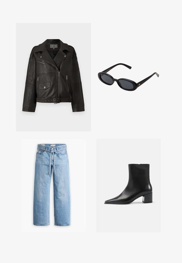 Jachetă de biker din piele neagră cu fermoare argintii, nasturi tip snap și buzunare laterale; prezintă o talie cu curea și un design cu guler larg.; Cămașă albă cu mâneci lungi, confecționată dintr-un material moale. Prezintă un design ajustat, cu detalii strânse la talie și un guler rotund.; Jeanși cu talie înaltă, de culoare albastru deschis, cu picioare largi, închidere cu nasture și fermoar, și detaliu cu șnur la talie. Terminare brută a marginii.; Botină neagră din piele, cu vârful ascuțit, textură netedă și toc mediu bloc. Design minimalist, închidere cu fermoar la spate.; Ochelari de soare supradimensionați, cu lentile ovale, cadru din plastic neted și accente aurii pe brațe. Lentilele întunecate oferă protecție solară.; Geantă de piele neagră cu un design curbat, două mânere lungi și accente din argint. Textură netedă, fără modele sau accente vizibile.
