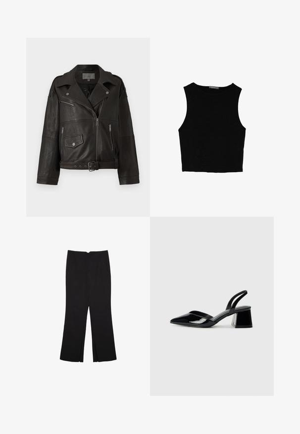 Čierna kožená motorkárska bunda so striebornými zipsami, patentkami a bočnými vreckami; má opasok v páse a široký golier.; Čierny bezrukávový crop top vyrobený z hladkej tkaniny, so zaobleným výstrihom a čistým, jednoduchým dizajnom bez vzorov alebo kovania.; Čierne nohavice so strihom rovného strihu, s prednými vreckami a bočnými rozparkami na leme. Vyrobené z mäkkej, hladkej tkaniny. Vhodné na rôzne príležitosti.; Čierne lakované kožené sandálové podpätky s špicatou špičkou a geometrickým blokovým podpätkom. Disponujú elegantným, minimalistickým dizajnom a hladkým povrchom.
