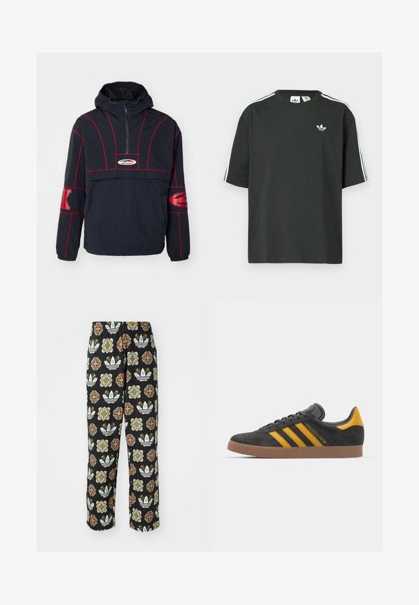Chaqueta con capucha para hombre en color navy con costuras y acentos rojos. Presenta un cierre frontal de media cremallera, puños elásticos y un gran detalle del logo en el pecho.; Camiseta de algodón negra con mangas cortas, cuello redondo y detalle de tres rayas blancas en los hombros. Presenta un pequeño logo blanco en el pecho.; Pantalones negros con un patrón intrincado de diversas formas, incluyendo diseños florales y rayas en naranja, verde y blanco.; Zapatillas de ante negro con acentos amarillos, que presentan tres franjas y una suela de goma marrón. Incluyen una lengüeta acolchada para mayor comodidad.
