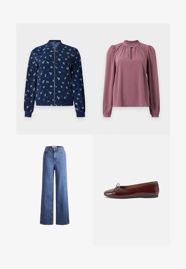 Granatowa kurtka bombowca z kwiatowym wzorem w jasnoniebieskich i zielonych odcieniach, z zamkiem z przodu, ściągaczami przy mankietach i na dole dla dopasowanego wyglądu.; Bluzka z długim rękawem w kolorze mauve z marszczonym kołnierzykiem, dekoltem w kształcie łezki zapinanym na guzik oraz lekko bufiastymi ramionami.; Jasnoniebieskie dżinsy o szerokich nogawkach i wysokim stanie, z dwoma przednimi kieszeniami i widocznym przeszyciem. Posiadają zamek błyskawiczny i zapięcie na guzik.; Bordowe baleriny z lakierowanej skóry z zaokrąglonym noskiem, małą kokardką z przodu oraz niską, czarną gumową podeszwą. Gładka tekstura.