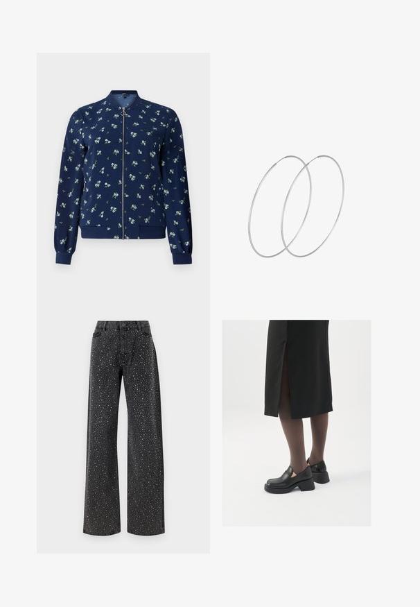 Meriparti bomber jacket, jossa on vaaleansinisestä ja vihreästä koostuva kukkakuosi, etuvetoketju, ribbed hihansuut ja helma, jotka luovat napakan ilmeen.; Paita napitettu helmiäisissä vaalean kermanvärisiä. Siinä on klassinen kaulus, pitkät hihat ja kiiltävää paljettikoristetta koko paidassa tekstuurin lisäämiseksi.; Noisy May NMJANNEL LOOSE - Relaxed fit -farkut - black denim; Mustat nahkakengät pyöreällä kärjellä, paksulla lohkopohjalla ja joustavilla sivuakkesseilla, yhdistettynä tummiin sukkahousuihin ja mustaan hameeseen, jossa on halkio.; Hopehope hopeilla, joissa on minimalistinen muotoilu. Pyöreä muoto, sileä pinta ja ohut profiili. Kevyet ja kiillotetut.