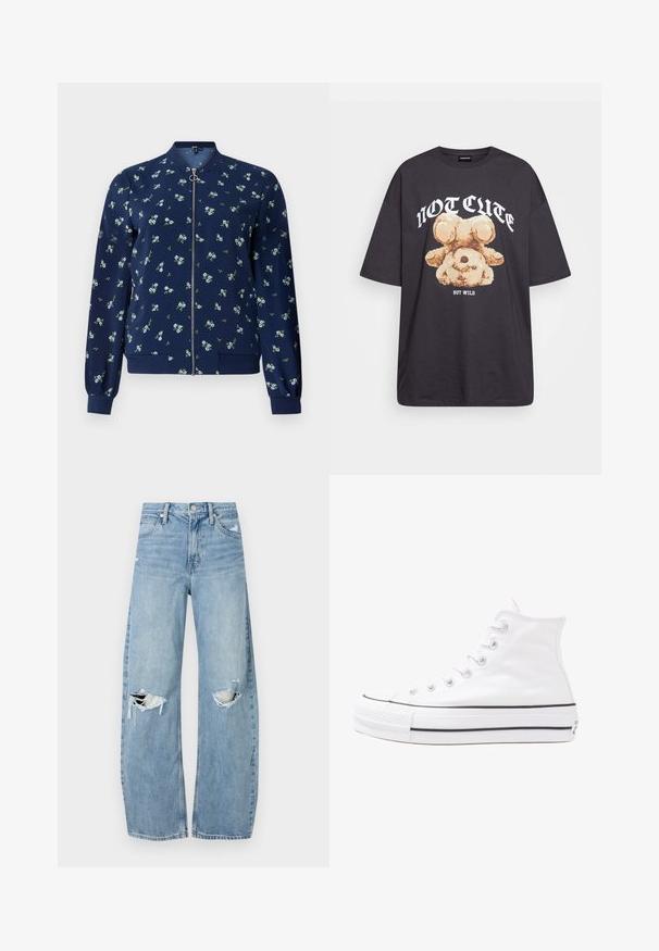 Mornarski bomberski jopič z cvetličnim vzorcem v svetlo modri in zeleni barvi, s sprednjim zadrgo, rebrastimi manšetami in robom za prilegajoč videz.; Črna oversized majica s kratkimi rokavi, na kateri je grafika medveda z besedilom „NI SRČKAN VKLJUČNO Z DIVJIM“ v poudarjenem belem tisku. Material: bombaž.; Svijetloplave traperice visoki struk. Imaju široke nogavice, dva poderana područja na koljenima i klasičan petotoksi stil.; Beli visoki platneni športni čevelj z črnim gumijastim podplatom, sprednjim gumijastim zaščitnikom za prste in šestimi luknjicami za vezalke, ki se ponaša s preprostim, minimalističnim dizajnom.