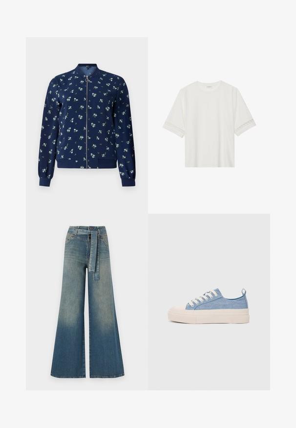 Jachetă de bombardier de marină, cu un model floral în nuanțe de albastru deschis și verde, dotată cu un fermoar frontal, manșete și tiv din bumbac pentru un aspect ajustat.; Tricou alb cu mânecă scurtă, confecționat din bumbac, cu dantelă decorativă pe marginea mânecilor și un guler rotund.; Pantaloni din denim largi, cu un gradient de la albastru deschis la albastru închis, talie înaltă, bucle pentru curea și o curea din același material. Finisaj texturat din denim.; Sneakers din pânză de culoare albastru deschis, cu vârf și talon din cauciuc crem, având șireturi albe și un maner pe călcâi.