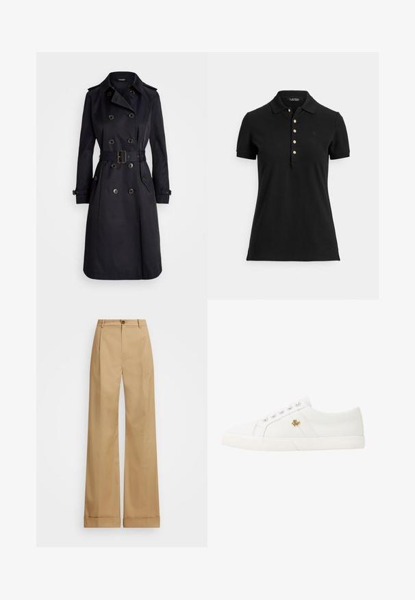 Trench coat azul-marinho feito de tecido suave, com botões duplos, uma cintura com cinto e epauletes, apresentando um colarinho clássico e bolsos com aba.; Polo preta feita de tecido texturizado, com gola, mangas curtas e pala com botões dourados. Detalhe sutil do logótipo no peito.; Calças largas beje com fecho de botão, apresentando uma textura suave e pregas vincadas. Bainhas com punho para um detalhe adicional.; Lauren Ralph Lauren JANSON II CANVAS SNEAKER - Sapatilhas - optic white