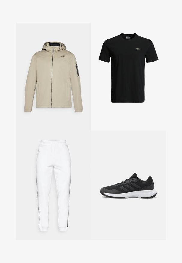 Beige jacket with a zippered front, attached hood, and side pockets. Features a zippered arm pocket and subtle logo detail on the chest.; Black cotton t-shirt with a crew neck, short sleeves, and a small green crocodile logo on the left chest. Smooth texture, casual design.; White sweatpants with elastic waistband, featuring black side stripes and cuffs. Made from soft fabric with a smooth texture.; Black athletic shoe featuring a textured upper, three horizontal stripes, and a white sole with a patterned tread. Lightweight and streamlined design.