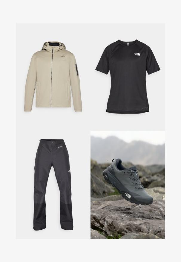 Beige jakk, millel on lukuga eesmine osa, kinnitatud kapuuts ja küljetaskud. Omab lukuga käise-taskut ja tagasihoidlikku logo detaili rinnal.; Must mustreening, lühikeste varrukatega sportpoliis, millel on tekstuuriga kangas, valge logo vasakul rinnal ja sirge äär.; Mustad vettpidavad püksid, millel on sile tekstuur, ees GORE-TEX logo ja tugevdatud alumised jalad vastupidavuse tagamiseks.; Hallhalli jooksukingad halli värvi, tekstureeritud ülemise osaga, vastupidava kummist tallaga ja tugevdatud varvaste kattega. Omab paelu ja kaubamärgi logo küljel.