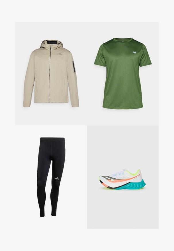 Veste beige avec une fermeture éclair à l'avant, capuche attachée et poches latérales. Présente une poche à fermeture éclair sur le bras et un détail de logo subtil sur la poitrine.; New Balance T-shirt de sport - dark alpine green; Leggings de sport noirs avec une texture lisse, dotés d'accents réfléchissants et d'une coupe ajustée. Fabriqués en matériau extensible évacuant l'humidité.; Chaussure de course blanche avec accents de semelle orange, noire et turquoise, doublure intérieure jaune fluo et tige en mesh sur un fond uni.