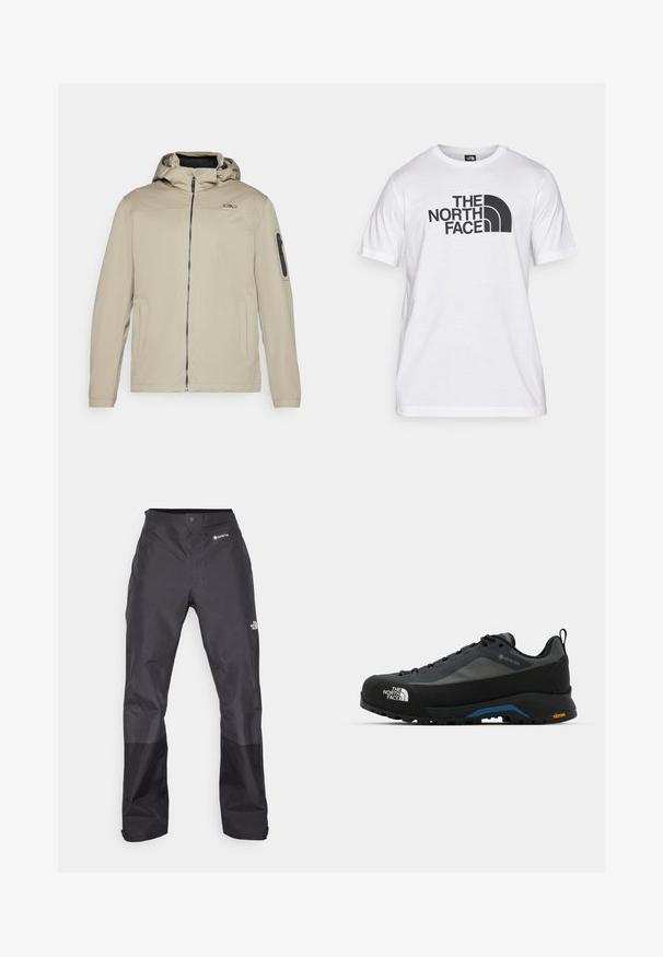 Beżowa kurtka z zapięciem na zamek z przodu, z doczepionym kapturem i kieszeniami po bokach. Posiada kieszeń na ramię zapinaną na zamek oraz subtelny detal logo na klatce piersiowej.; Biała bawełniana koszulka z czarnym nadrukiem graficznym, z tekstem i zakrzywionym logo. Okrągły dekolt i krótki rękaw. Gładka faktura.; Czarne wodoodporne spodnie o gładkiej fakturze, z logo GORE-TEX z przodu i wzmocnionymi dolnymi nogawkami dla zwiększonej trwałości.; The North Face VERTO ALPINE szary
